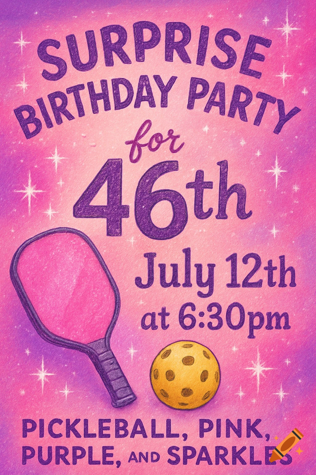 A pink and purple surprise birthday party invitation with a pickleball paddle and ball, featuring sparkling text for a 46th birthday on July 12th.