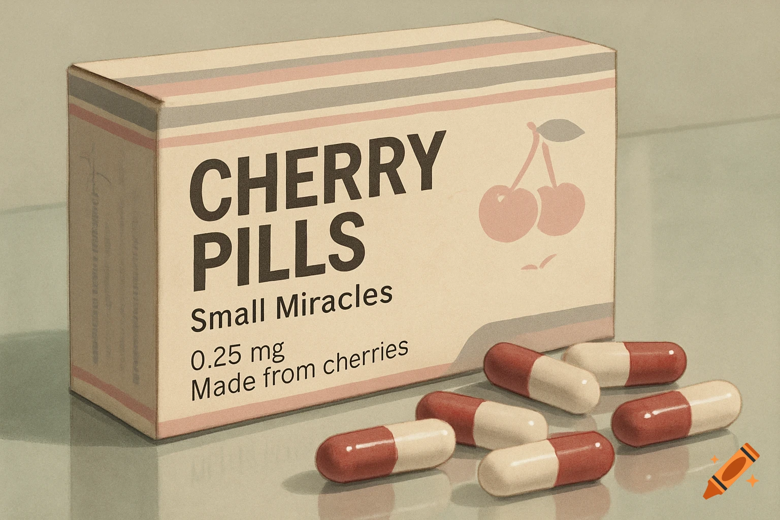 A retro box of 'Cherry Pills' with a pastel stripe border and a cherry icon, with spilled red and white capsules on a reflective surface.