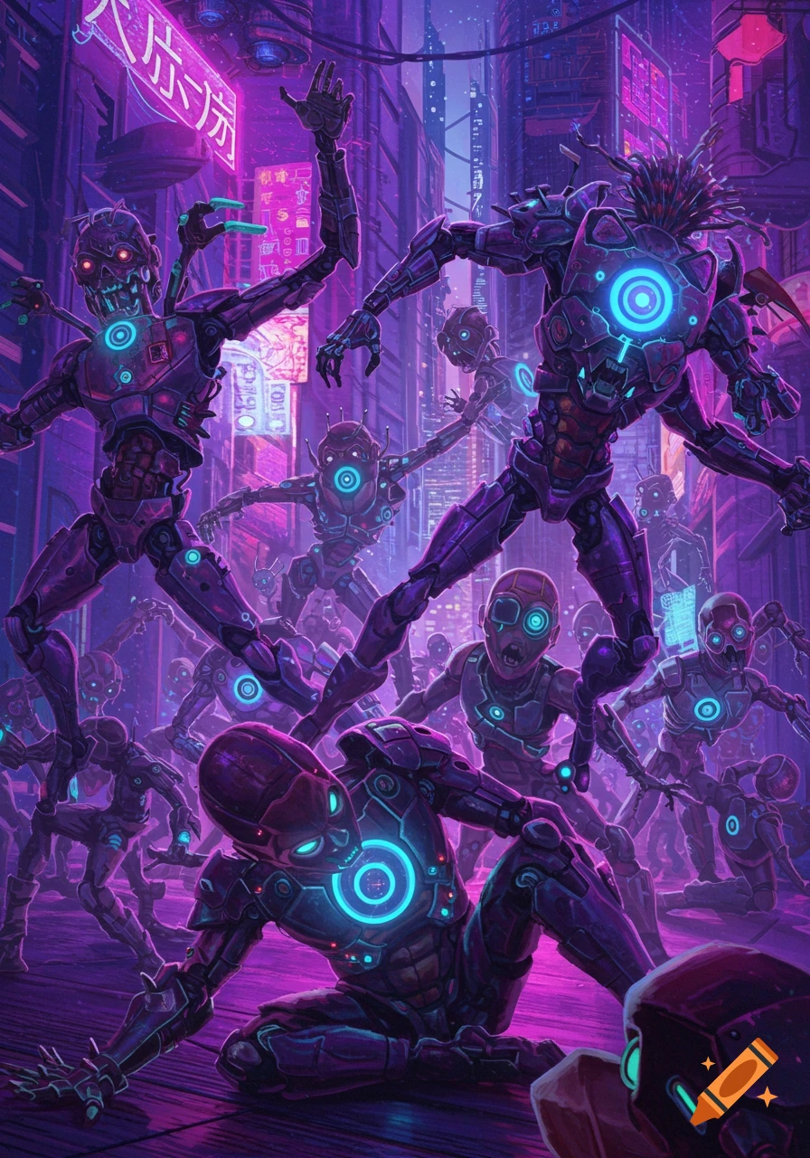 A futuristic cyberpunk street scene filled with various glowing purple and blue cyborgs in different poses, some appearing to be in motion, under bright neon signs.