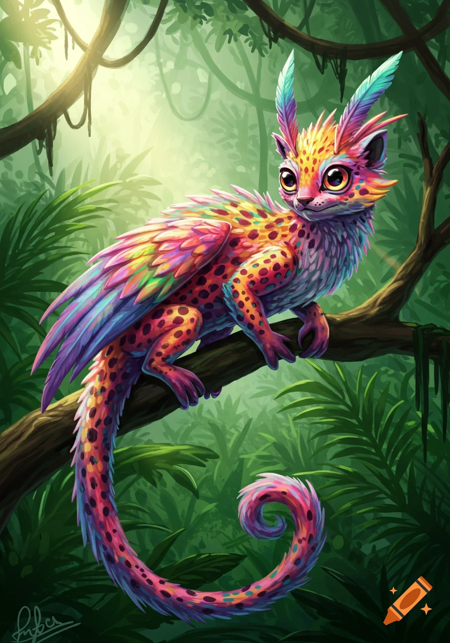 A vibrant, rainbow-colored, feathered creature with spots sits on a jungle tree branch, illustrated in a whimsical style.