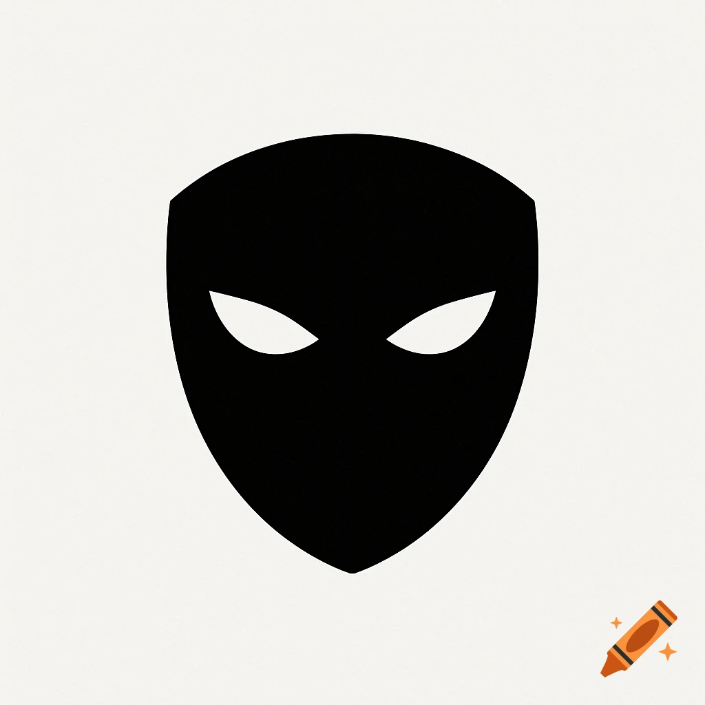 A minimalist black shield-shaped mask logo with two white eye holes on a light gray background.