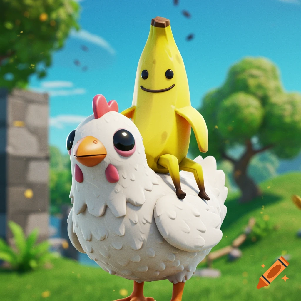 A cheerful cartoon banana character, Peely, rides a white chicken through a vibrant, stylized outdoor landscape.