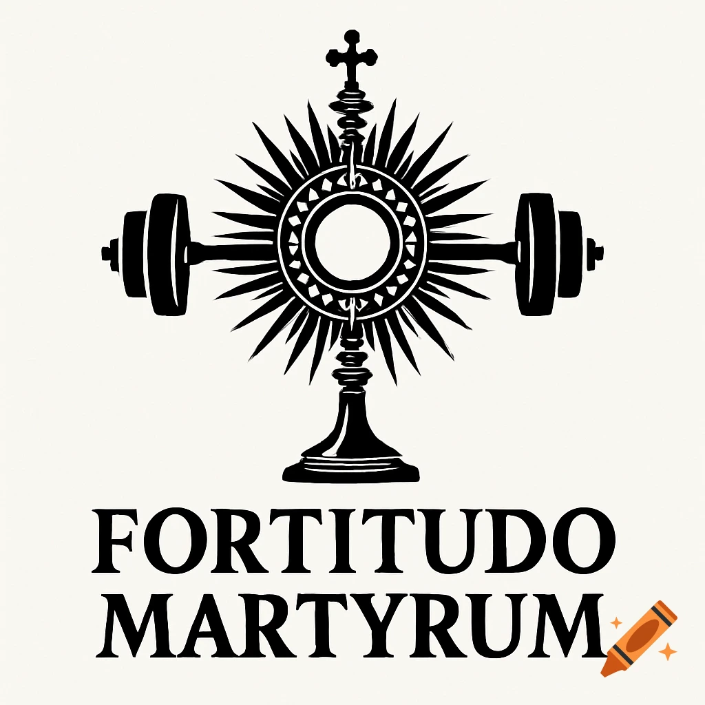 A black and white logo featuring a monstrance intertwined with a barbell, with the text 'FORTITUDO MARTYRUM' below.