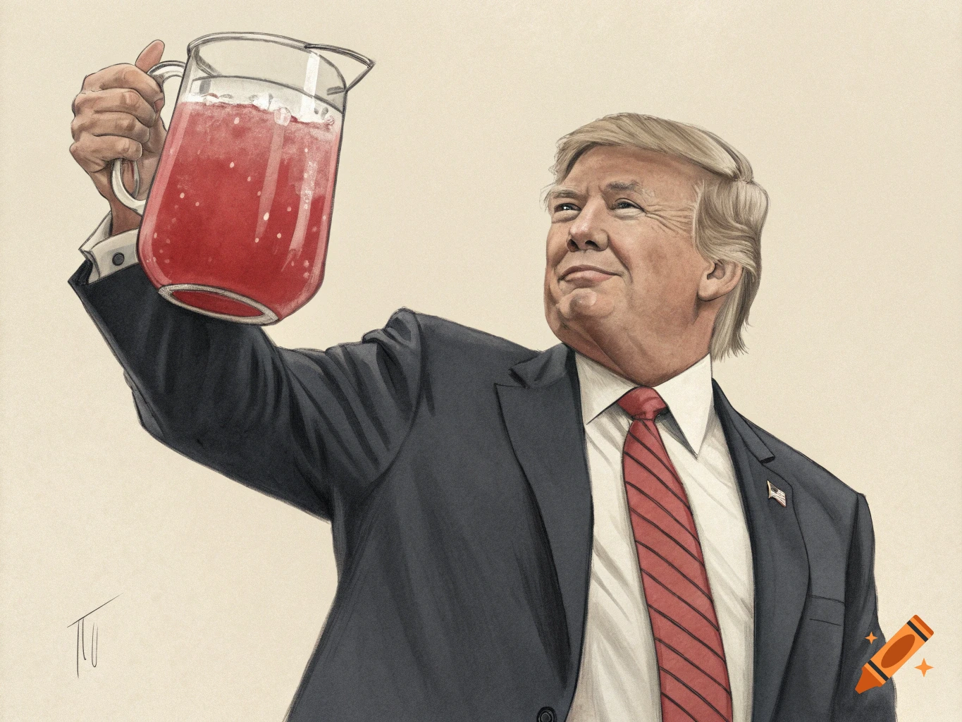 Caricature illustration of Donald Trump holding a pitcher of red liquid and smiling.