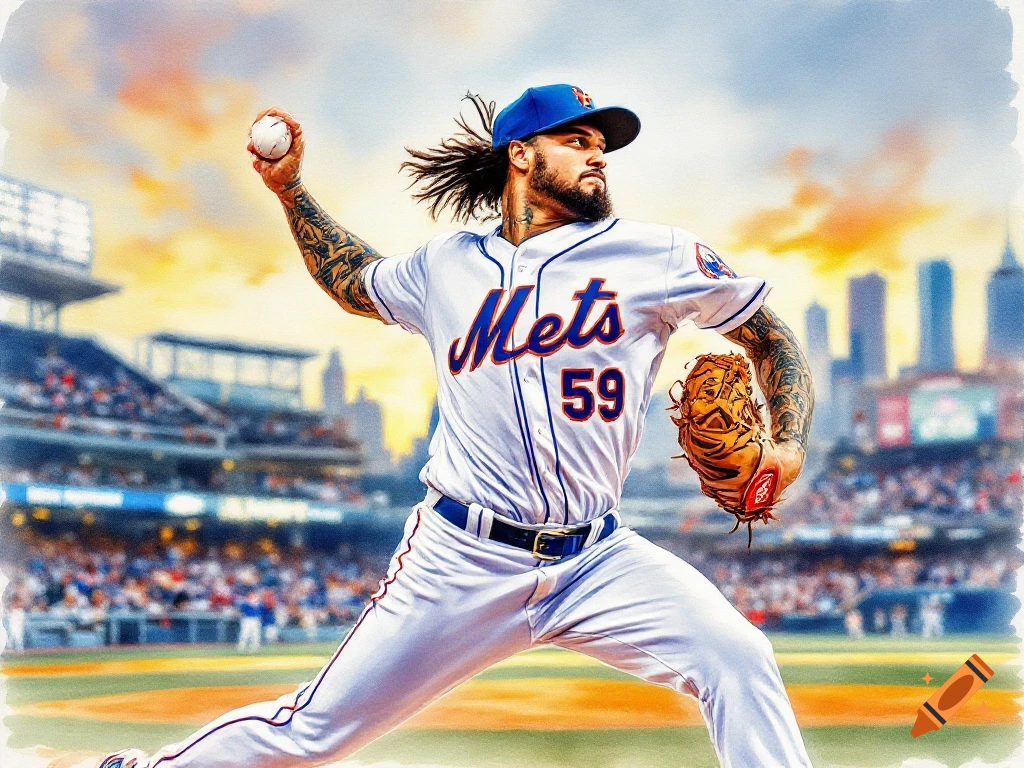 A vibrant watercolor painting of a baseball pitcher in a Mets uniform throwing a ball on a mound in a stadium with a city skyline in the background.