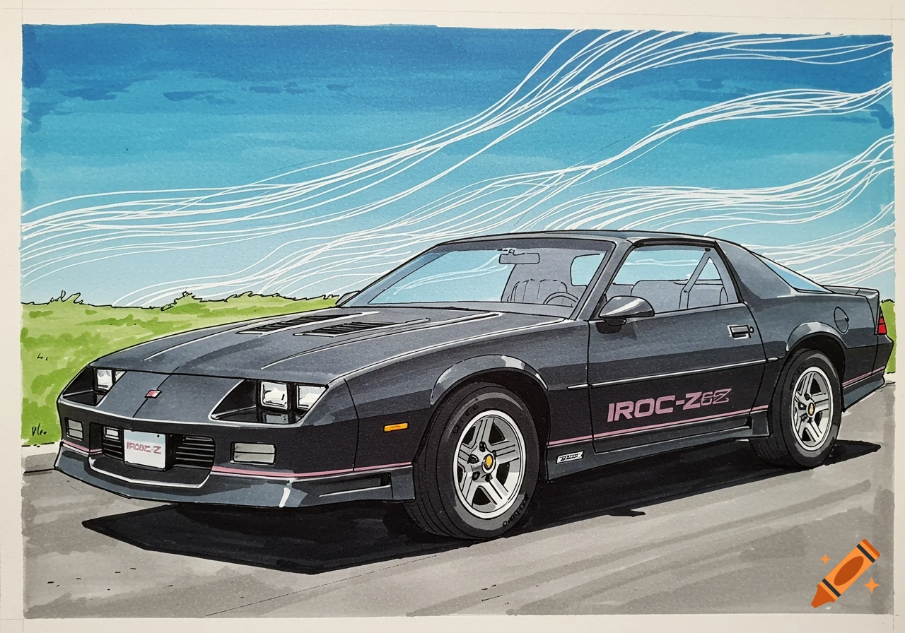 Hand-drawn illustration of a black 1986 IROC Z Camaro from the front-left, with white wind lines in a blue sky.