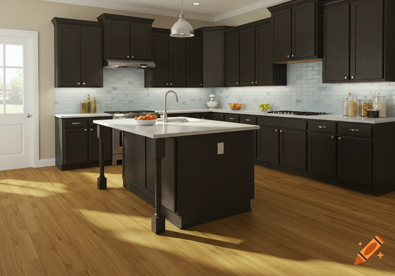 A modern kitchen with dark brown cabinets, light countertops, a large island with a sink, and light wood flooring.