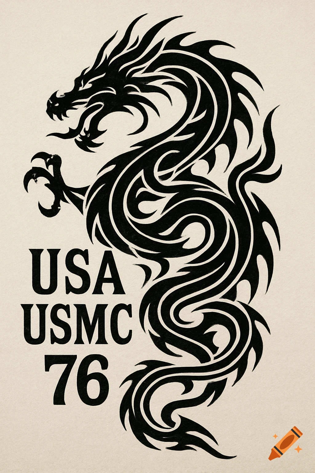 Black tribal dragon design with 'USA USMC 76' text on a light background.