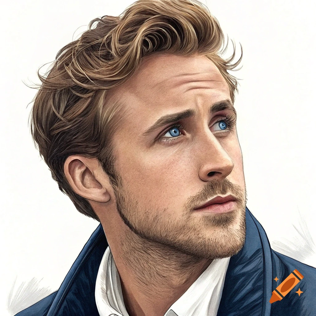 Detailed portrait of Ryan Gosling with wavy blonde hair and striking blue eyes, looking upwards, wearing a white shirt and blue jacket.