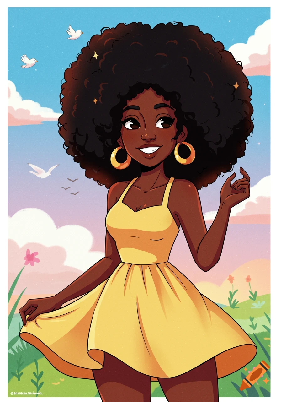 A cheerful cartoon Black woman with a large afro, wearing a yellow dress, standing outdoors under a bright sky with birds and clouds.