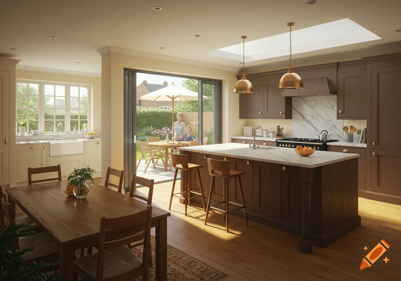 Photorealistic image of a spacious kitchen with a large island and dining area, opening to a garden patio.