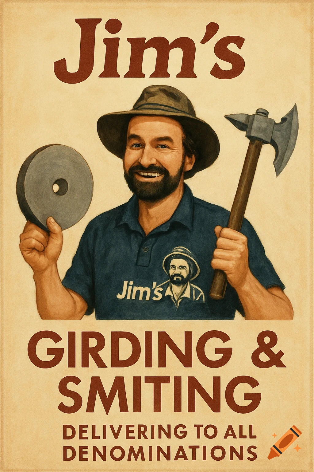 Vintage-style business poster of a smiling man in a hat holding a grinding stone and an axe, advertising 'Jim's Girding & Smiting'.