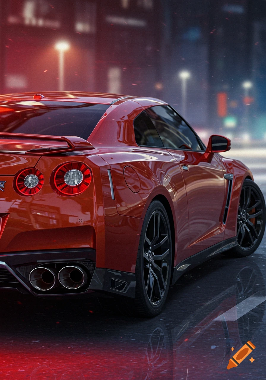 Rear-left view of a shiny red sports car on a wet road at night, with streetlights in the background.