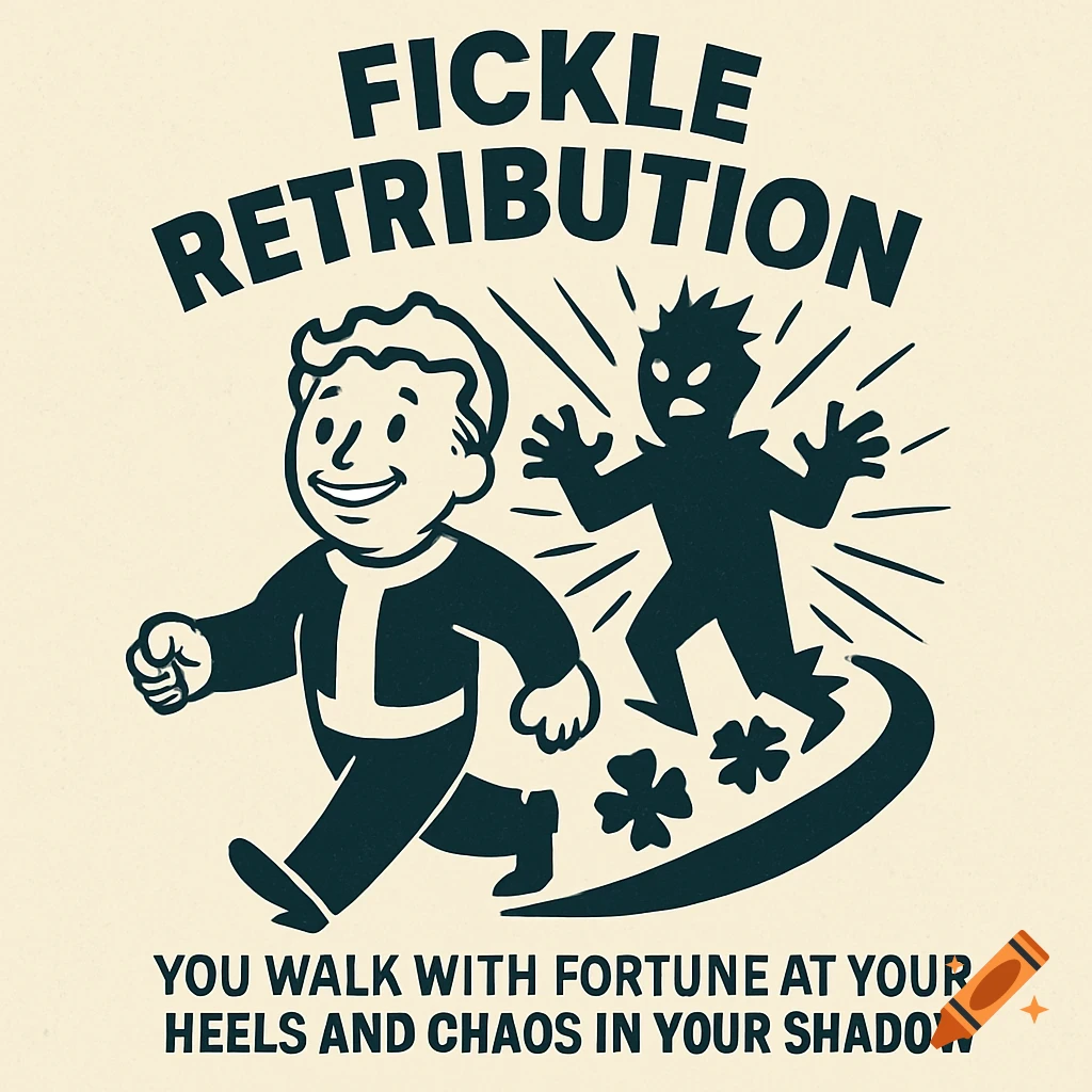 Retro illustration of Vault Boy from Fallout walking, with a spiky shadow figure behind him. Text reads 'Fickle Retribution' and 'You walk with fortune at your heels and chaos in your shadow.'