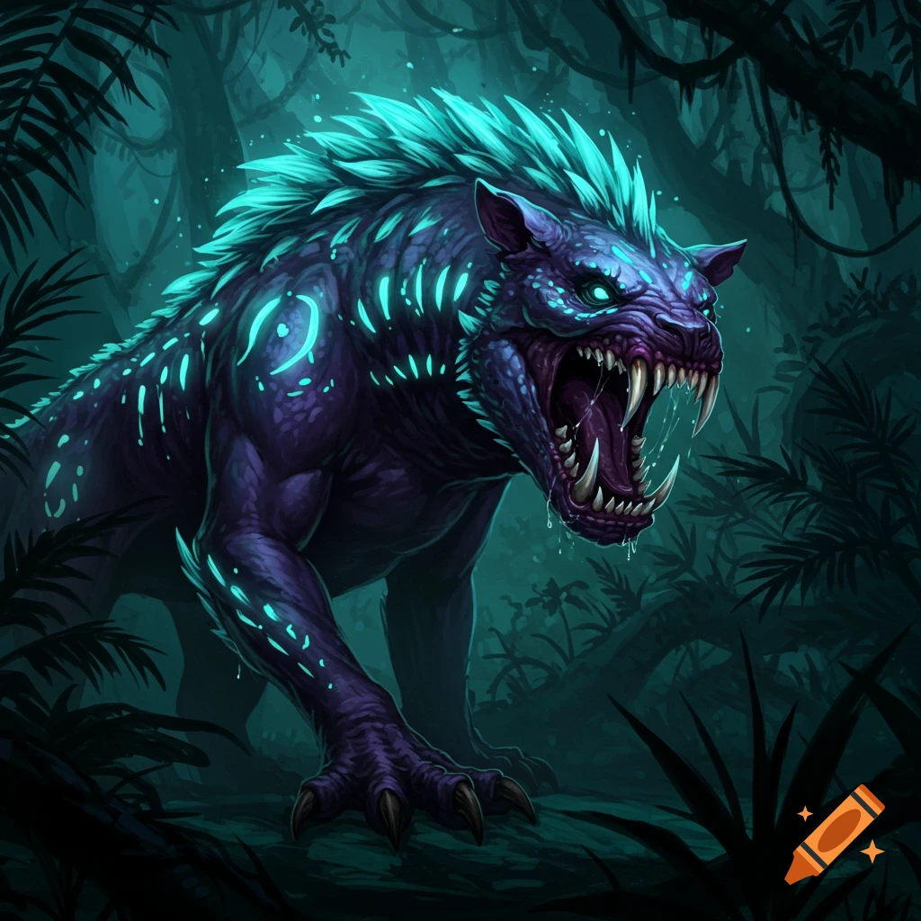 A fierce purple and teal glowing monster with sharp fangs and glowing eyes roars in a dark, lush jungle. Digital art style.