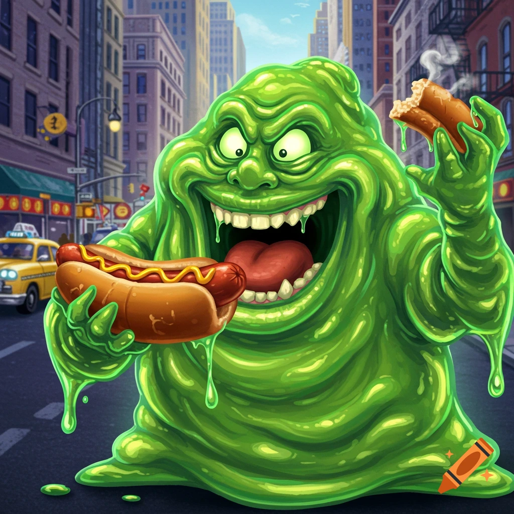 A cheerful, green, slimy ghost from Ghostbusters stands in a city street, happily holding a hotdog in each hand, one partially eaten.
