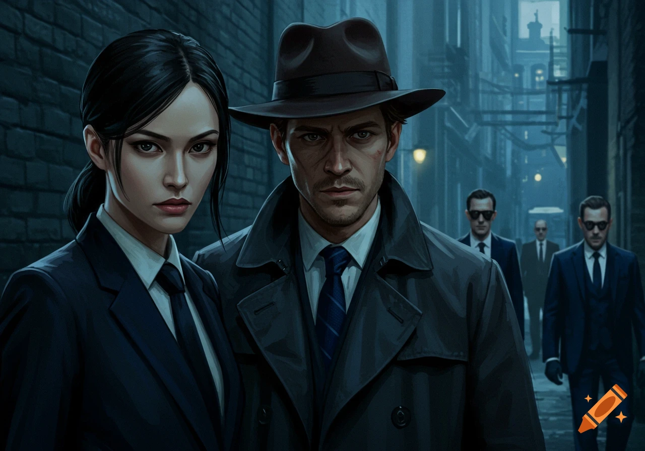 A serious man in a fedora and trench coat and a woman in a suit stand in a dark alley, with other suited figures behind them.