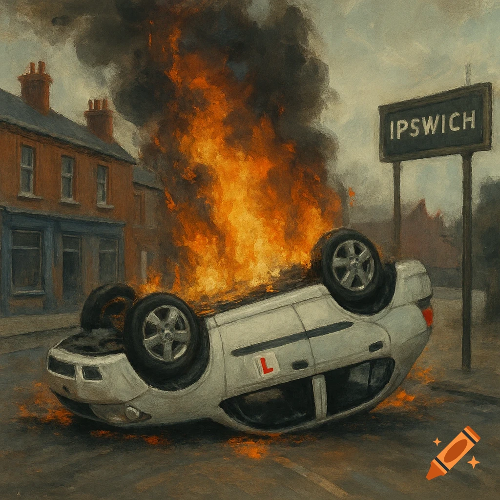 A painterly image of a white learner car, identified by an L-plate, overturned and burning on a street in Ipswich.