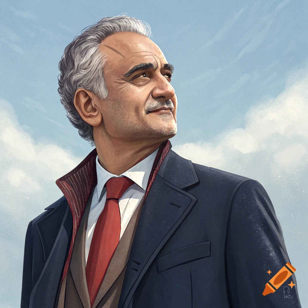 An illustrated portrait of an older man with gray hair and a mustache, wearing a suit and red tie, looking upwards against a blue sky.