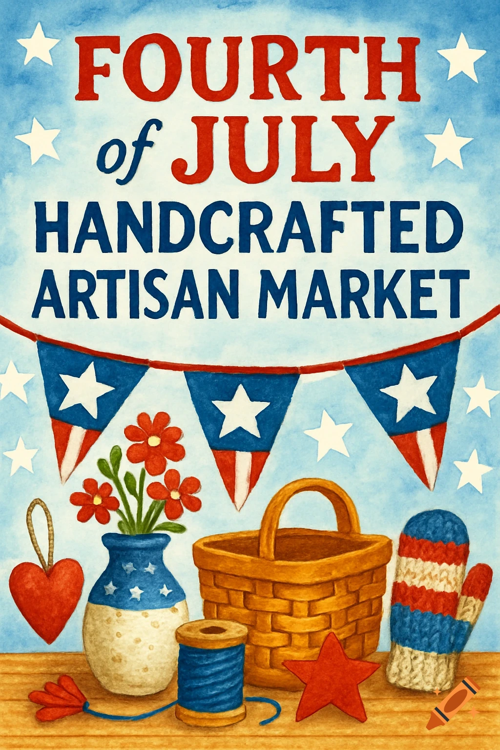 Watercolor Fourth of July market poster with patriotic bunting, stars, a basket, yarn, and crafting items.