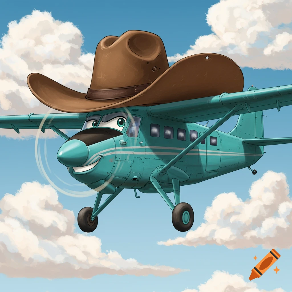 A cartoon airplane with a cowboy hat flying in a blue sky with clouds.