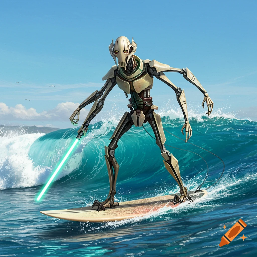 General Grievous from Star Wars surfs on a large wave, holding a green lightsaber, under a blue sky.