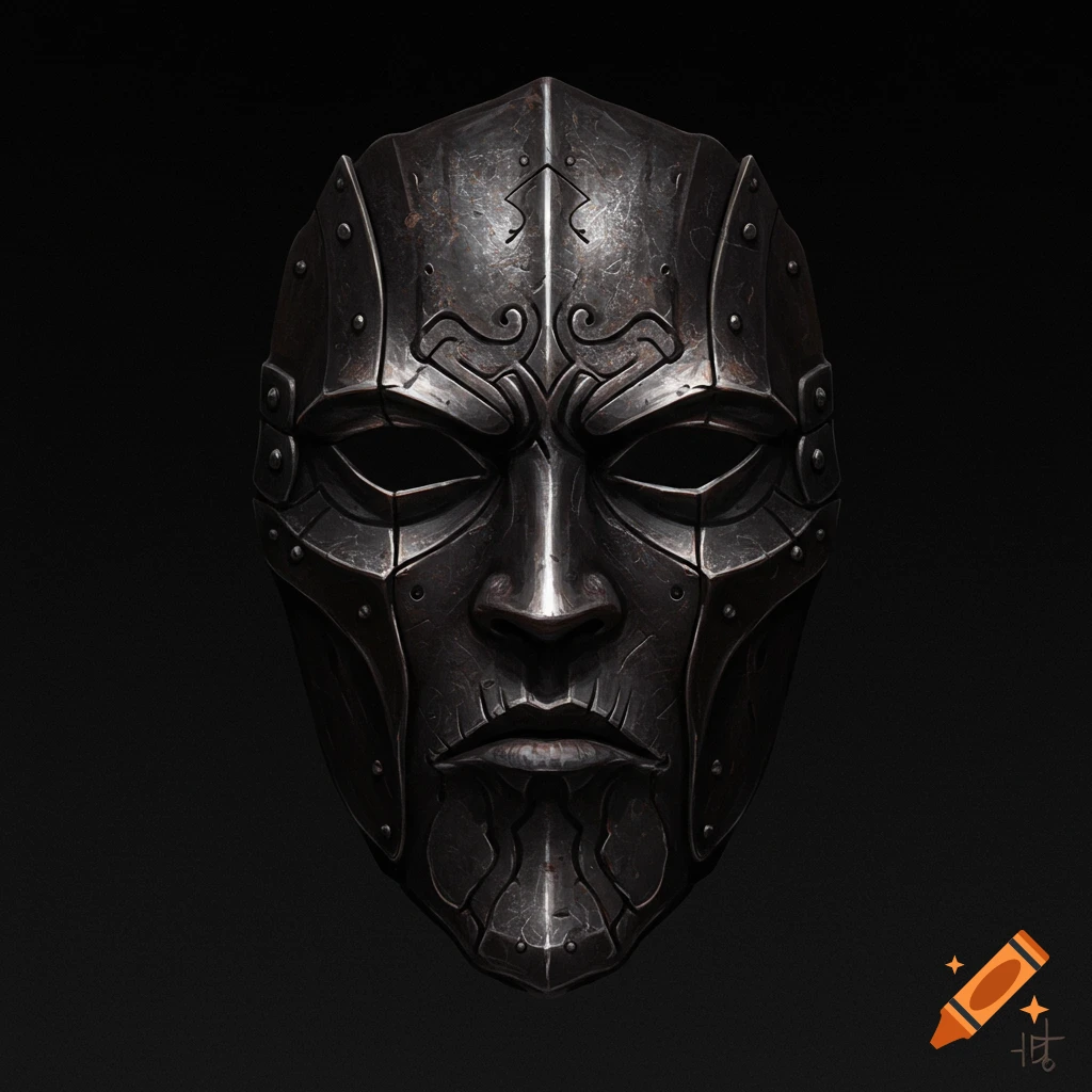 A detailed, dark metallic mask with an elaborate medieval design, set against a black background.