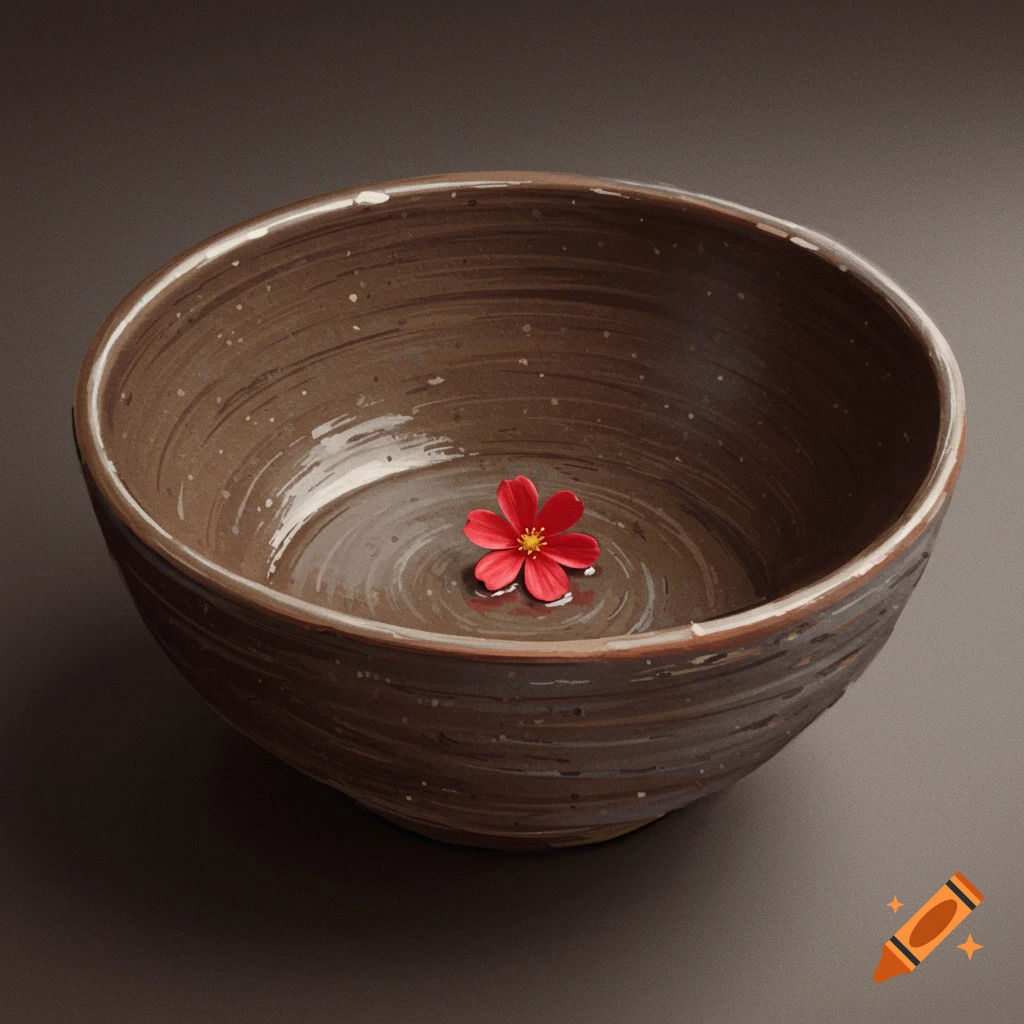 A dark brown ceramic bowl with a red flower floating in water inside.