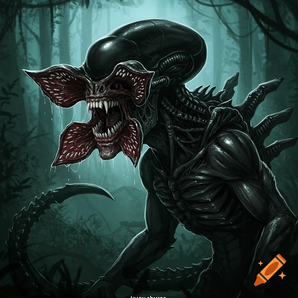 A dark, detailed illustration of a black, bipedal xenomorph-demogorgon hybrid monster with a gaping, toothy mouth in a dark jungle setting.