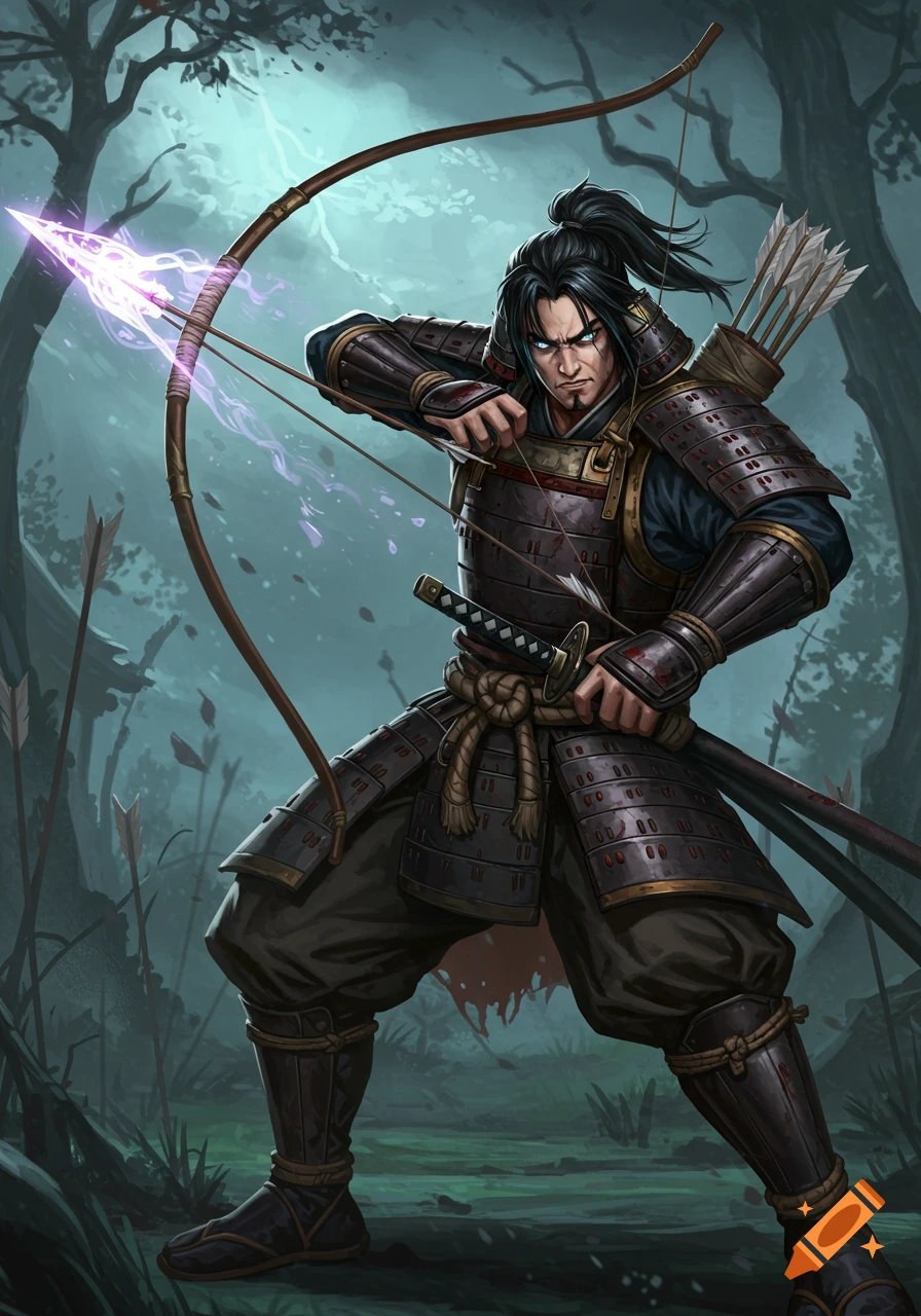 A stylized illustration of a samurai archer drawing an arcane glowing arrow in a dark forest.