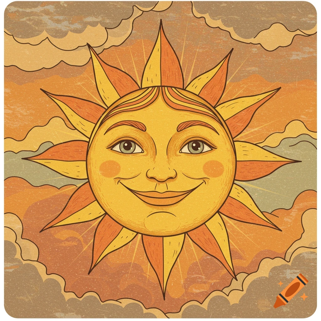 A retro-style illustration of a smiling sun with a face, surrounded by clouds, in warm orange and yellow tones with a grainy texture.