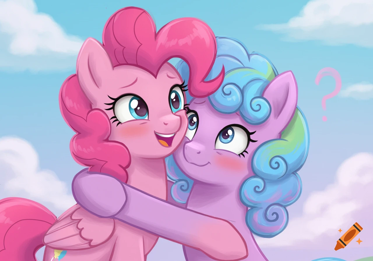 Cartoon drawing of Pinkie Pie hugging a purple pony, who looks confused with a question mark above her head, against a sky background.