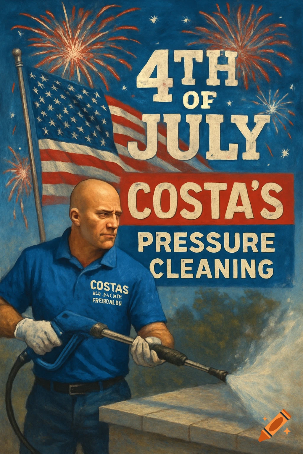 A bald man in a blue shirt pressure washes, with an American flag and fireworks in the background. Text reads "4TH OF JULY COSTA'S PRESSURE CLEANING" on a poster-like image.