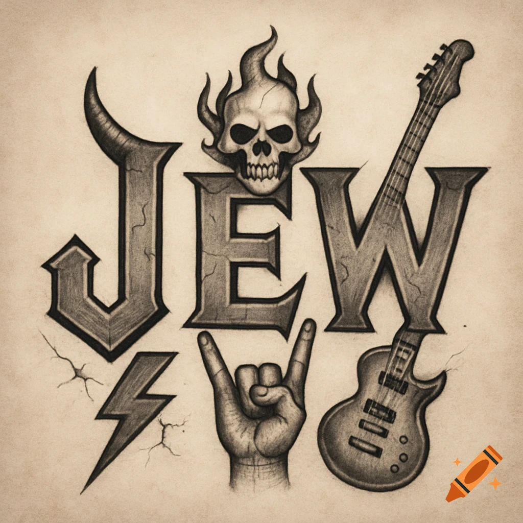 Stylized rock metal tattoo design with 'JEW' text, a flaming skull, rock hand, lightning bolt, and guitar.