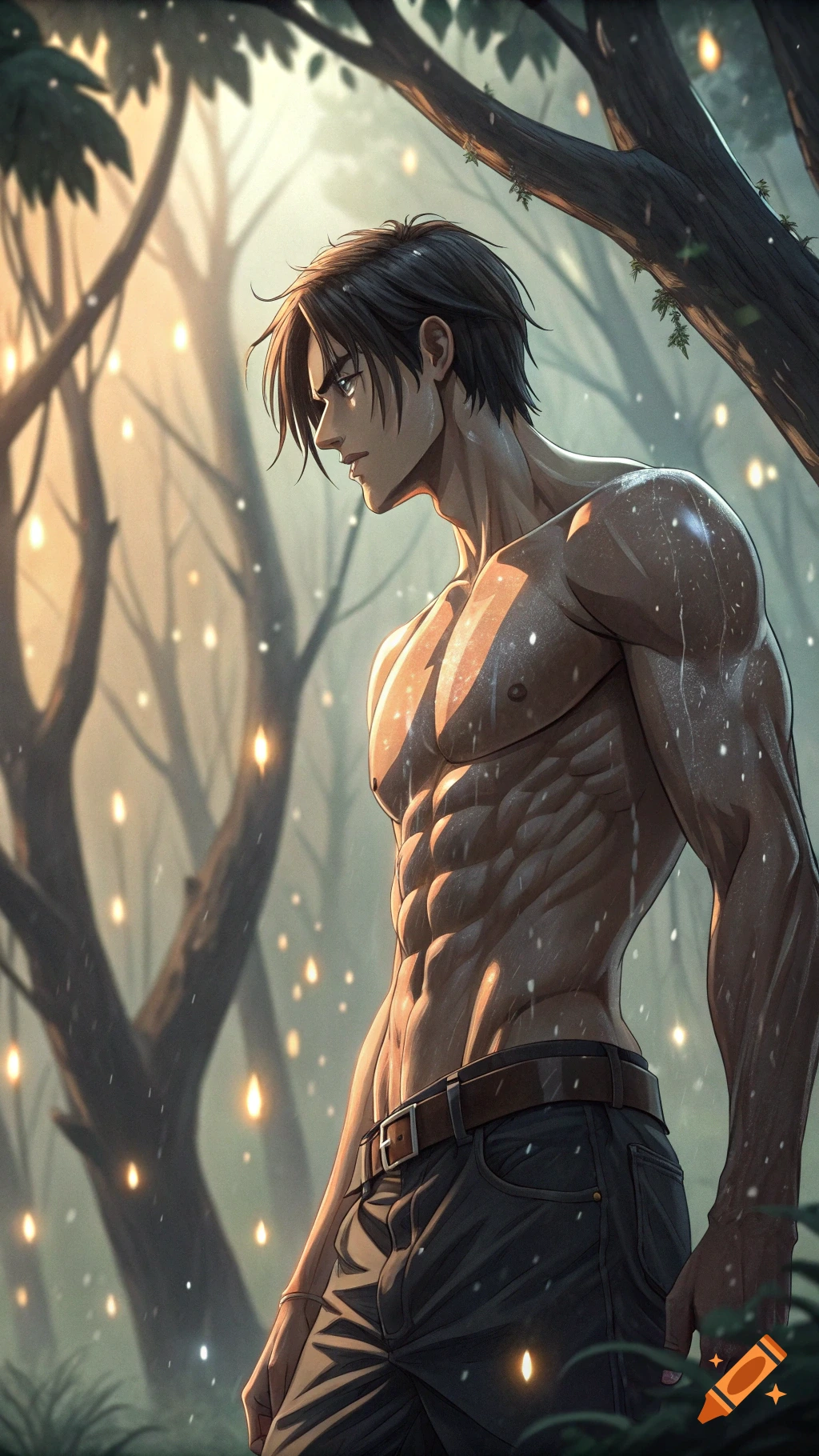 A muscular shirtless anime man with dark hair stands in a mystical forest with glowing light particles.