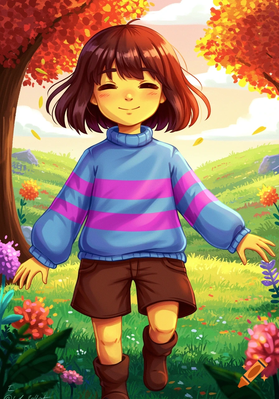 A vibrant anime-style illustration of Frisk from Undertale, smiling in a lush, colorful autumn landscape with red and orange trees.
