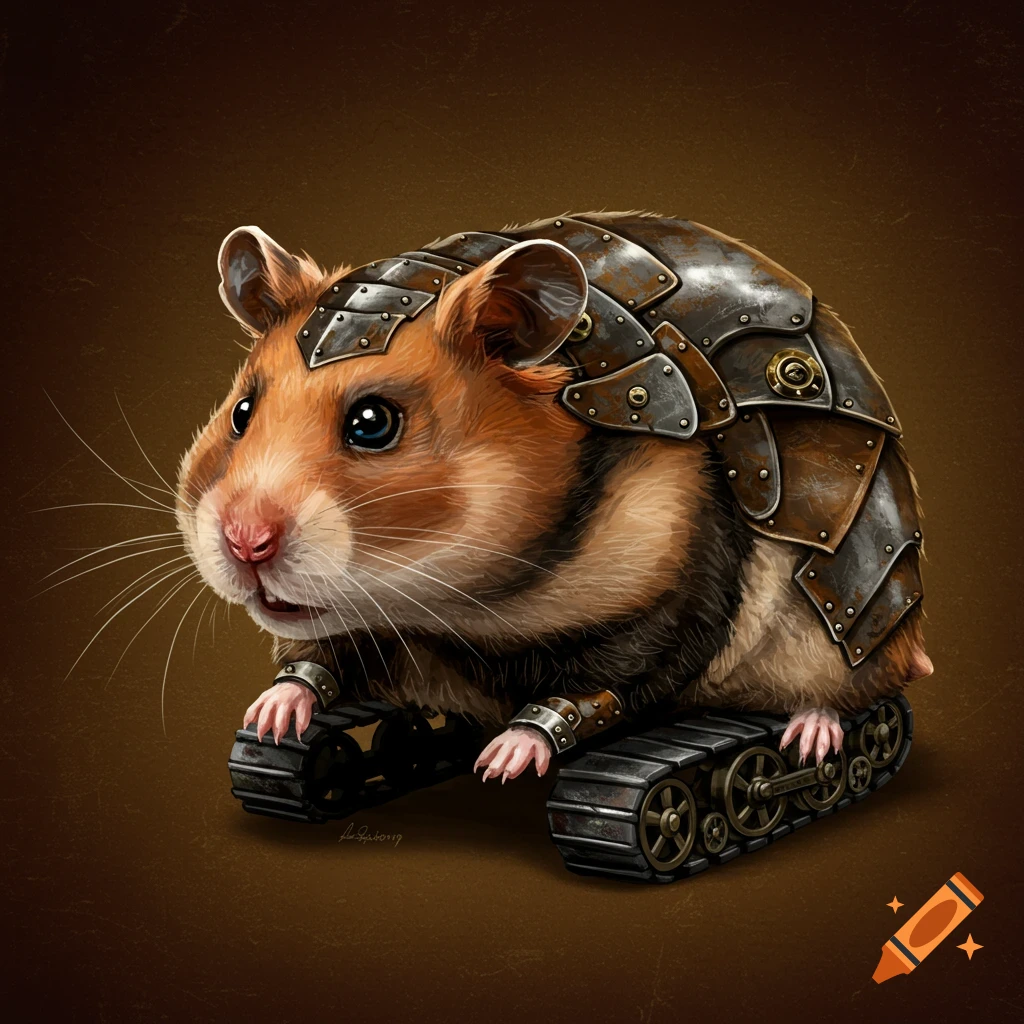 A highly detailed digital painting of a hamster wearing rusty metal steampunk armor and tank treads.