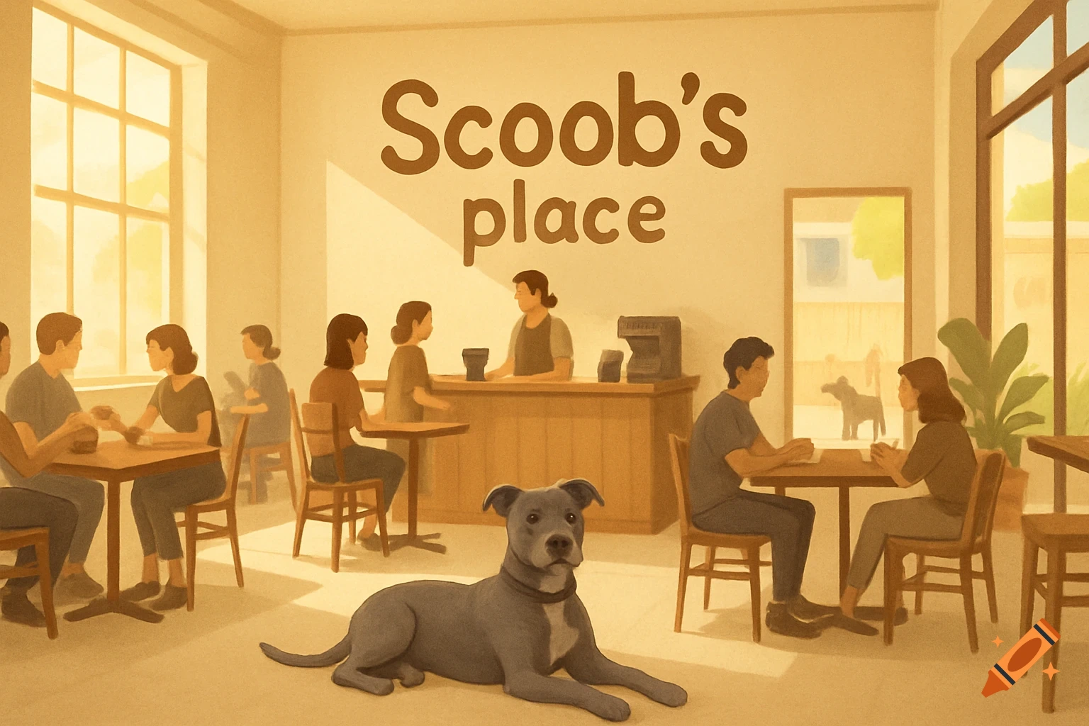 A minimalist illustration of a bustling cafe with patrons and a grey American Staffordshire terrier lying on the floor. "Scoob's place" is written on the wall.