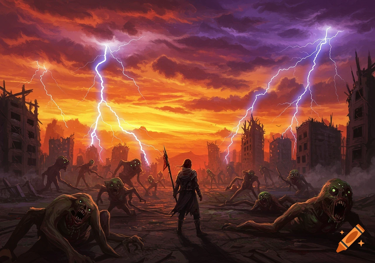 A lone warrior stands against an army of grotesque monsters in a ruined city under a lightning-filled, orange and purple sky.