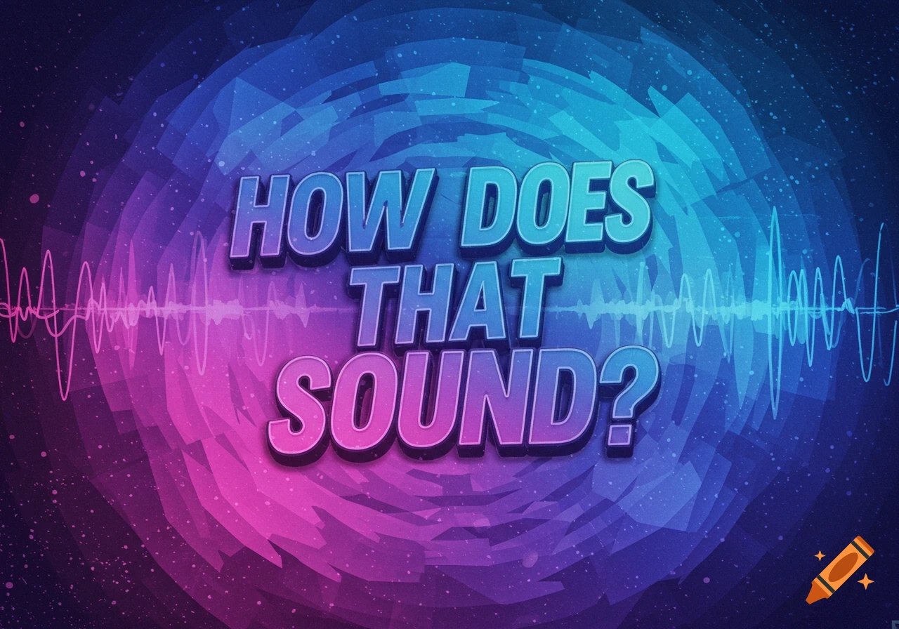 Text 'HOW DOES THAT SOUND?' in bold blue and pink on an abstract swirling background with sound waves.