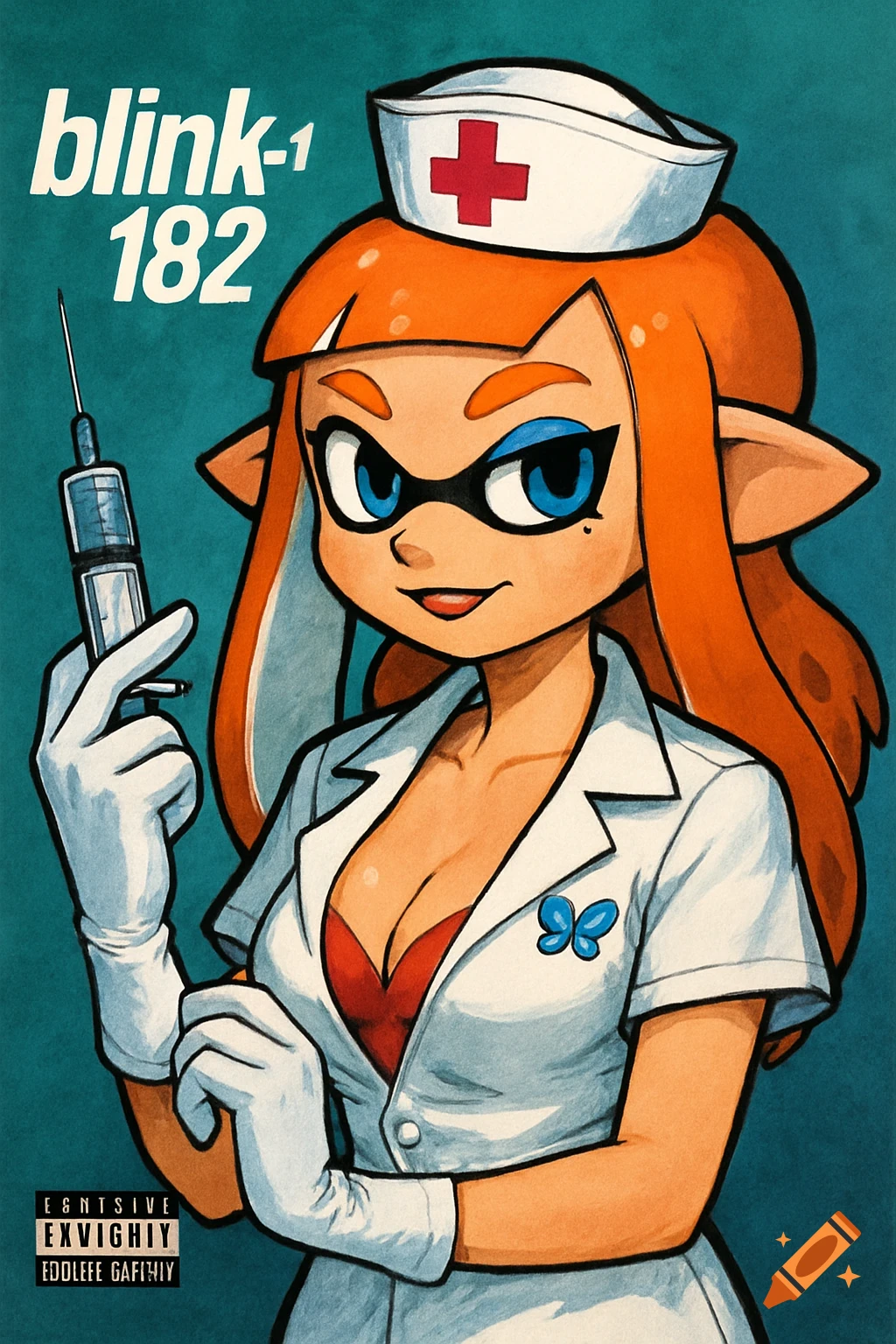 An Inkling girl in a nurse uniform with a red bra visible, holding a syringe. The text "blink-182" is at the top left.