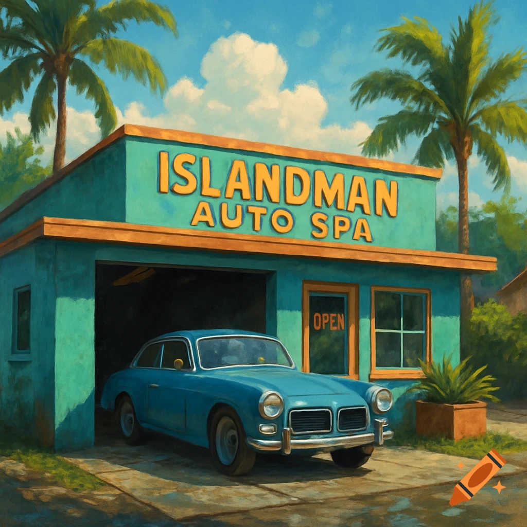 A blue vintage car is parked outside a turquoise building with a sign reading "ISLANDMAN AUTO SPA" and "OPEN" on a window, under a bright sky with clouds and palm trees, in a painted style.