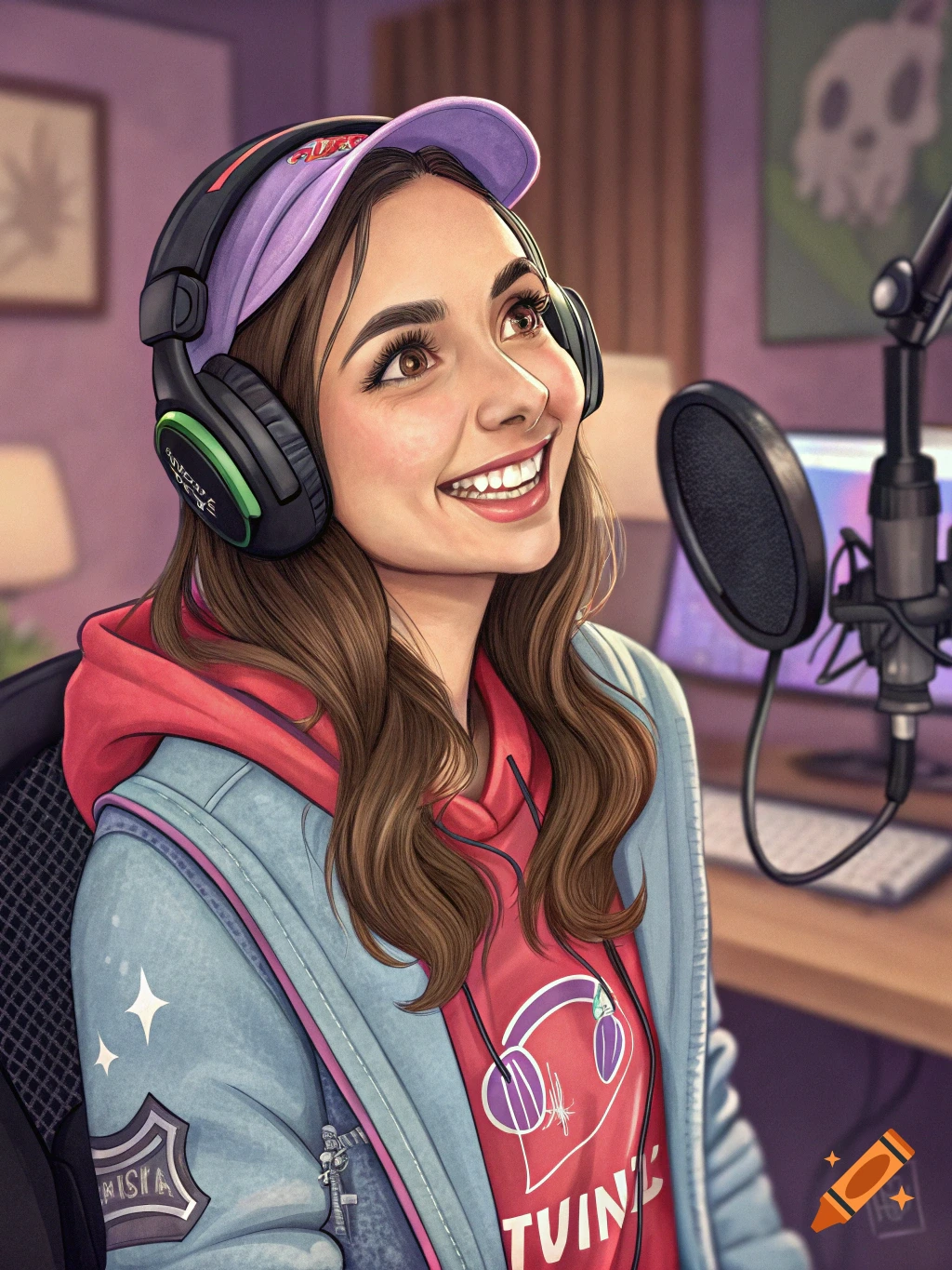 Smiling young woman in a cap and headphones in a recording studio, looking up while sitting at a desk with a microphone, in a stylized illustration.