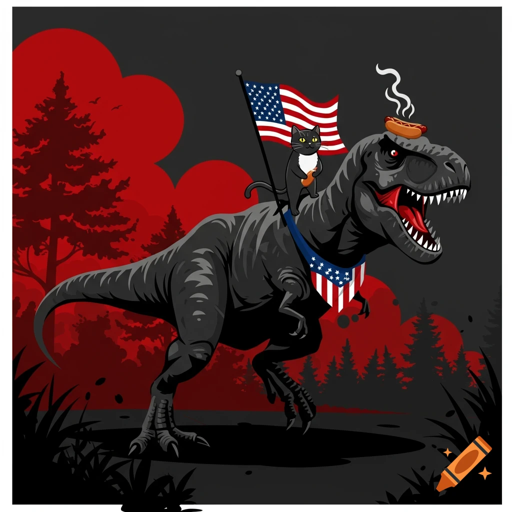 Cartoon gray T-Rex with a red mouth, wearing an American flag bandana, carries a black cat holding an American flag. A hotdog steams on the T-Rex's head. Dark red and black forest background.