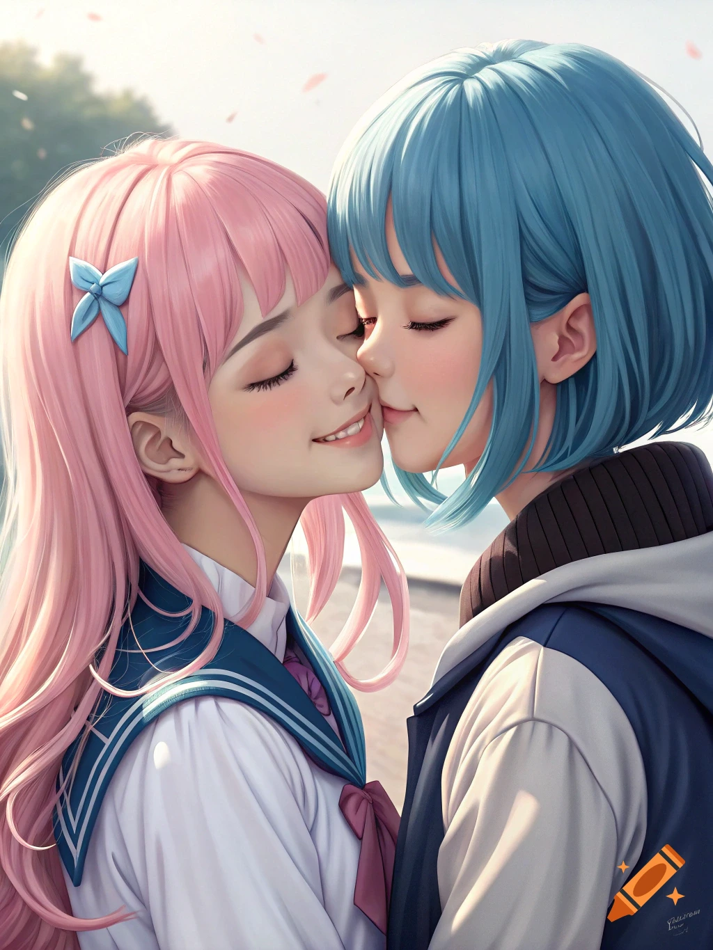 Two anime girls, one with pink hair and one with blue hair, with closed eyes, smiling and embracing, in a soft light.