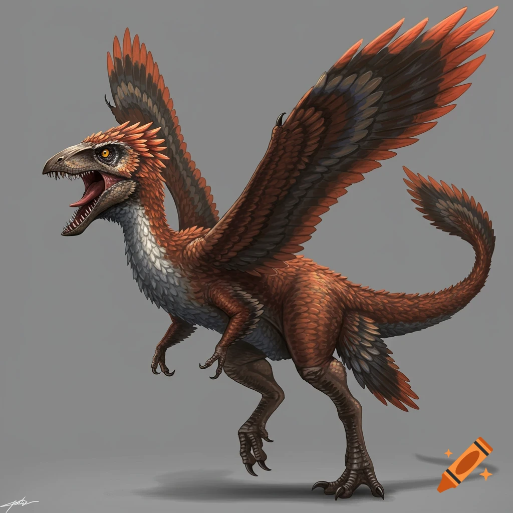 A majestic, feathered, winged dinosaur-like creature with raptor feet standing on a plain background.