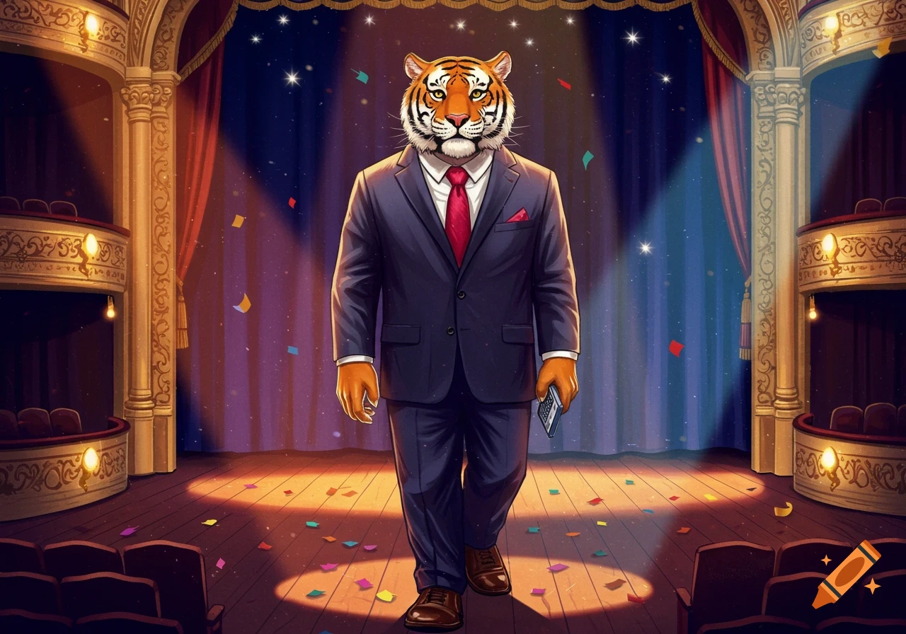 An illustrated anthropomorphic tiger in a dark suit and red tie stands on a spotlighted stage with confetti, in a theater.