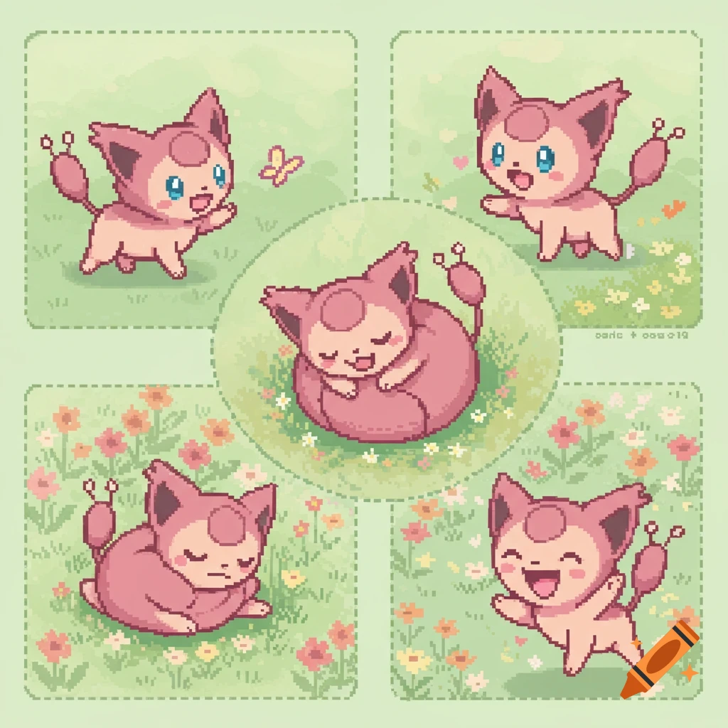 Pixel art of a pink cat-like Pokemon, Skitty, in various cute poses in a grassy field with flowers.
