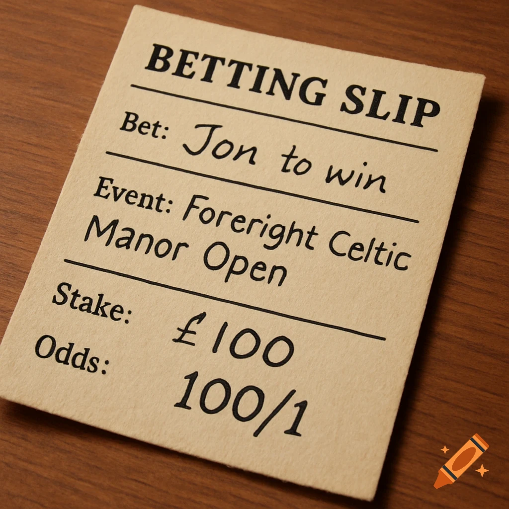 A close-up shot of a betting slip on a wooden table, showing a £100 bet on Jon to win the Foreright Celtic Manor Open at 100/1 odds.