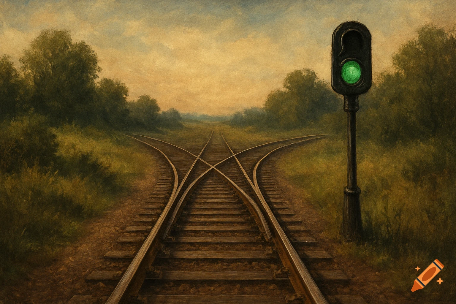 Painterly image of train tracks splitting into two routes through a grassy landscape, with a green railway signal on the right.